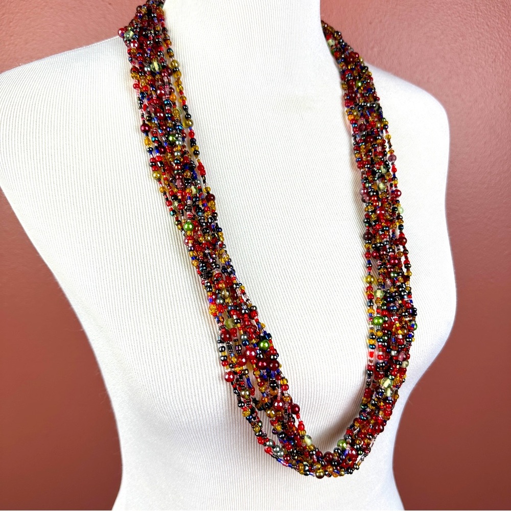 Joan River Czech Republic multi strand glass bead long necklace gold tone